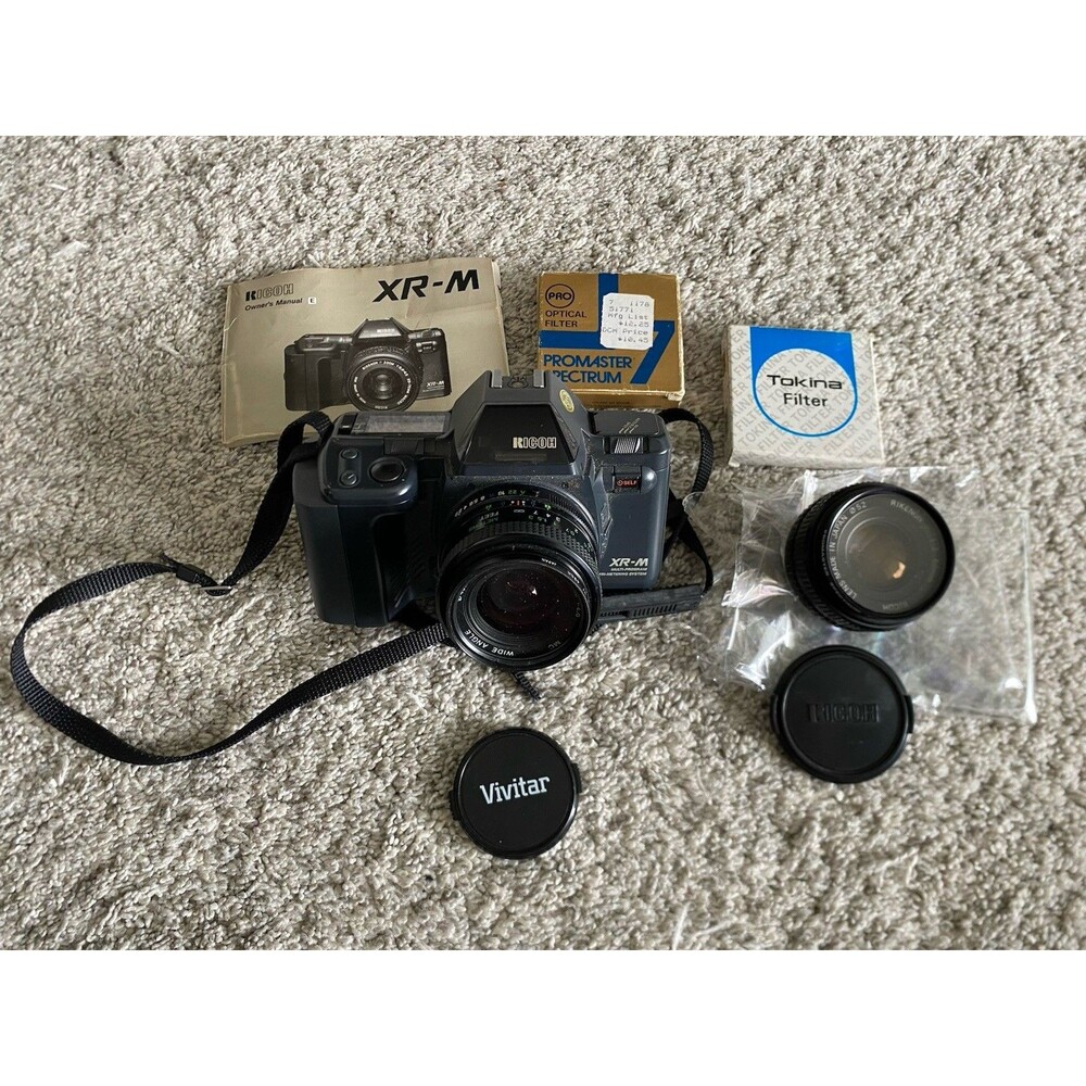 Vtg Ricoh XR-M Camera Bundle W strap & Rikenon + Vivitar Lenses + Filters Manual